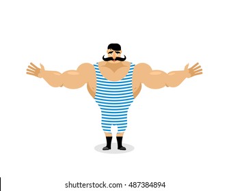 Happy Retro sportsman spread his arms in an embrace. Good natured Strong circus performer. Ancient bodybuilder with mustache. Cute vintage well athlete
