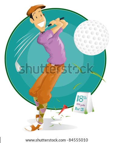 Happy retro style Man playing golf.