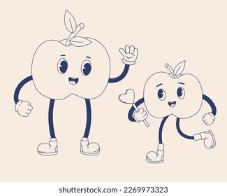Happy retro trendy character apple mom with baby. Groovy fruits. Cartoon vintage cute mascot. Nostalgic modern Vector Illustration. Monochrome palette