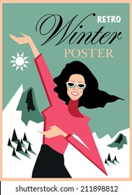 Happy retro woman winter poster background