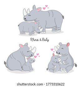 Happy Rhino and baby cartoon. Vector Illustration
