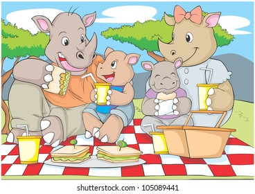 Happy Rhino Family Illustration having a picnic together