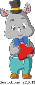 The happy rhinoceros is holding a gift for valentine event of illustration