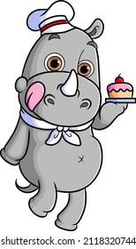 The happy rhinoceros is serving the cake in the restaurant of illustration