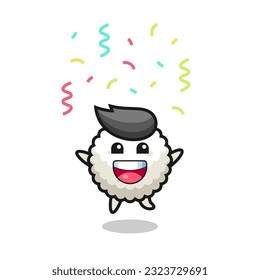happy rice ball mascot jumping for congratulation with colour confetti , cute style design for t shirt, sticker, logo element