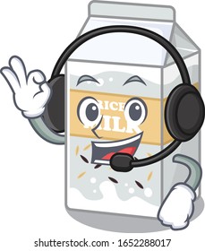 Happy Rice milk mascot design style wearing headphone
