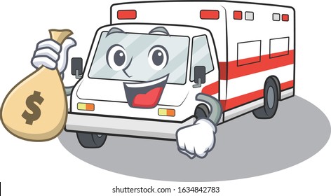 Happy rich ambulance cartoon character with money bag
