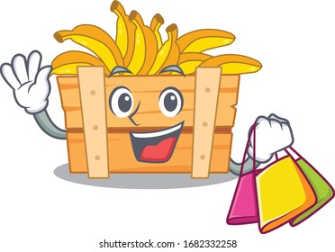 Happy rich banana fruit box mascot design waving and holding Shopping bag