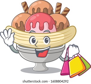 A happy rich banana split waving and holding Shopping bag
