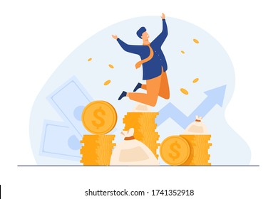 Happy rich banker celebrating income growth. Broker enjoying success in stock market trading. Flat vector illustration for money, finance, millionaire concept