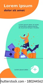 Happy rich banker celebrating income growth. Broker enjoying success in stock market trading. Flat vector illustration for money, finance, millionaire concept