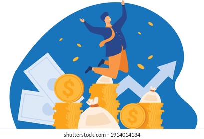 Happy rich banker celebrating income growth. Broker enjoying success in stock market trading. Flat vector illustration for money, finance, millionaire concept