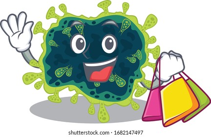 Happy rich beta coronavirus mascot design waving and holding Shopping bag