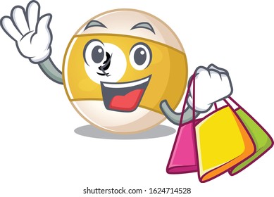 A happy rich billiard ball waving and holding Shopping bag