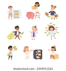 Happy Rich Boy and Girl Millionaire with Dollar Banknote and Gold Coins Vector Set