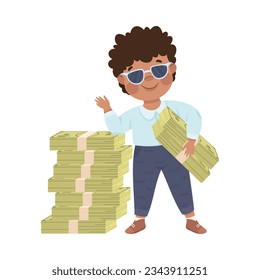 Happy Rich Boy Millionaire with Stack Dollar Banknote Vector Illustración