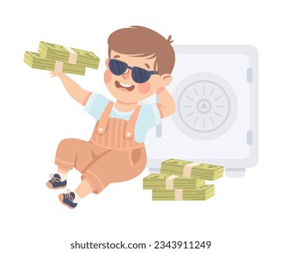 Happy Rich Boy Millionaire in Sunglasses Sitting with Stack of Dollar Banknote Vector Illustration