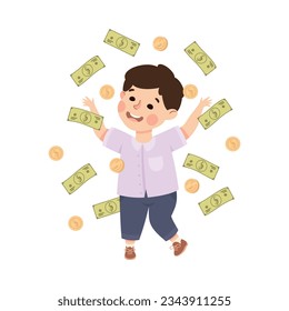 Happy Rich Boy Millionaire Throwing Dollar Banknote and Coins Vector Illustration