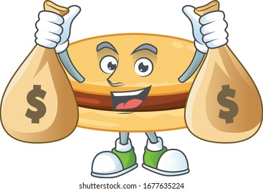 Happy rich brown alfajor mascot design carries money bags