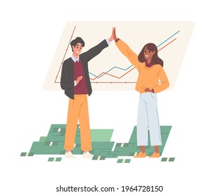 Happy Rich Business People Celebrating Income Growth And Financial Success. Partners With Stack Of Money. Colored Flat Vector Illustration Of Successful Investors Isolated On White Background