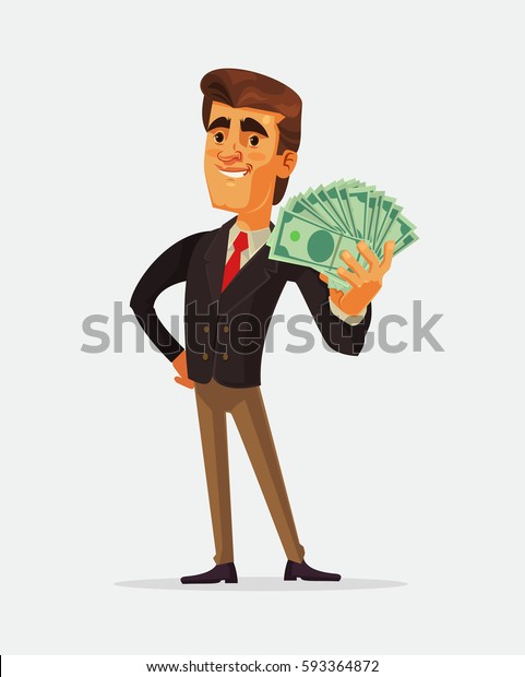 お金持ちの幸せな男性の性格がお金のファンを持っている ベクター平面の漫画イラスト のベクター画像素材 ロイヤリティフリー