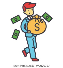 Happy rich businessman with money bag, finance, wealth, success concept. Line vector icon. Editable stroke. Flat linear illustration isolated on white background