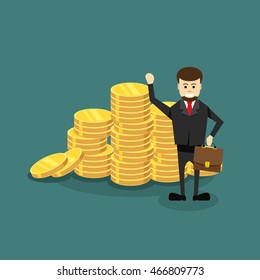 Happy rich businessman with money, illustration in flat style