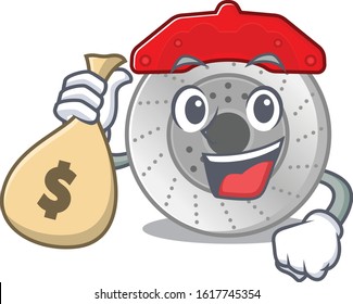 Happy rich car brake cartoon character with money bag