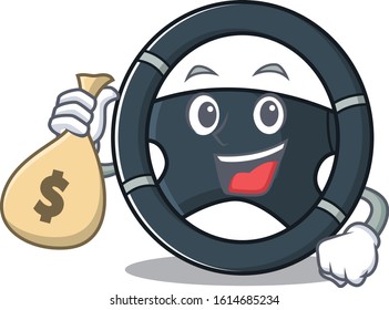 Happy rich car steering cartoon character with money bag