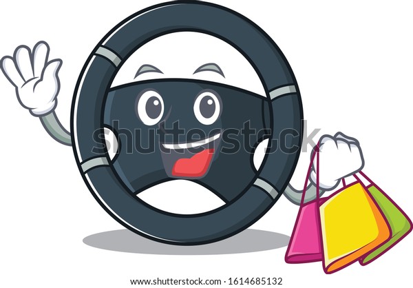 A\
happy rich car steering waving and holding Shopping\
bag