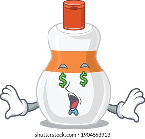 happy rich cartoon concept of body lotion with money eyes. Vector illustration