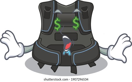 happy rich cartoon concept of scuba buoyancy compensator with money eyes