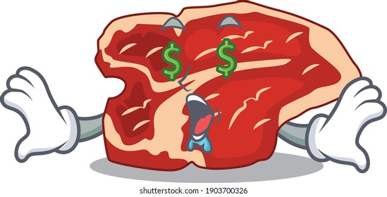 happy rich cartoon concept of T-bone with money eyes. Vector illustration