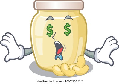 Happy rich cashew butter cartoon character with Money eye