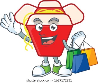 A happy rich chinese box noodle waving and holding Shopping bag