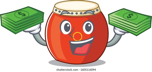 happy rich chinese drum character with money on hands