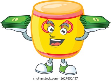 happy rich chinese gold drum character with money on hands