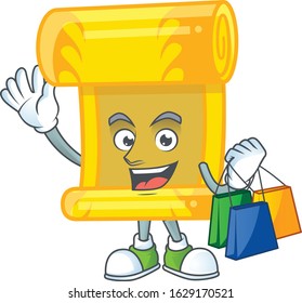 A happy rich chinese gold scroll waving and holding Shopping bag