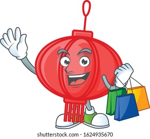 A happy rich chinese lampion waving and holding Shopping bag