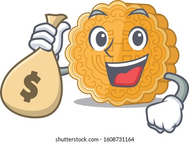 Happy rich chinese mooncake cartoon character with money bag