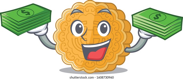 happy rich chinese mooncake character with money on hands