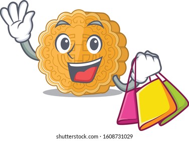 A happy rich chinese mooncake waving and holding Shopping bag