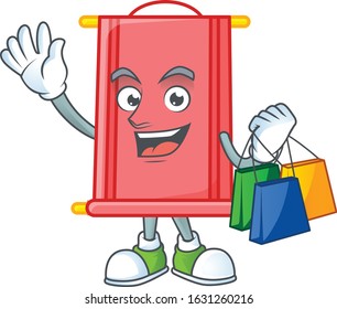 A happy rich chinese red scroll waving and holding Shopping bag