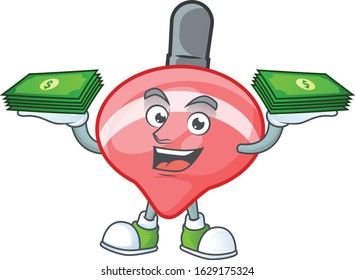 happy rich chinese red tops toy character with money on hands