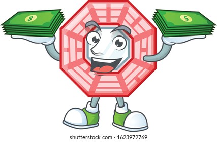 happy rich chinese square feng shui character with money on hands