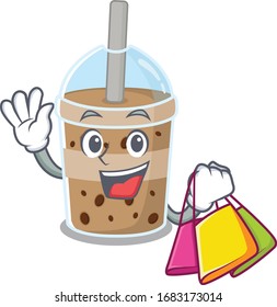 Happy rich chocolate bubble tea mascot design waving and holding Shopping bag