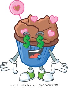 Happy rich chocolate love cupcake with Money eye cartoon character style