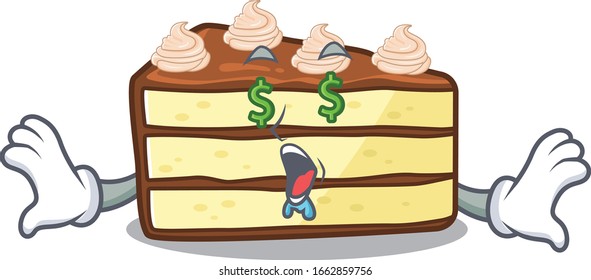 Happy rich chocolate slice cake cartoon character with Money eye
