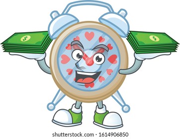 happy rich clock love character with money on hands