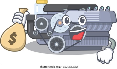Happy rich combustion engine cartoon character with money bag